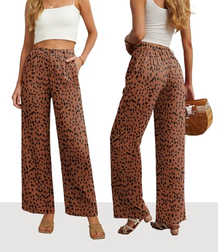 Image of Feiersi Womens Casual Wide Leg Pants High Waisted Button Down Straight Long Trousers Palazzo Pants