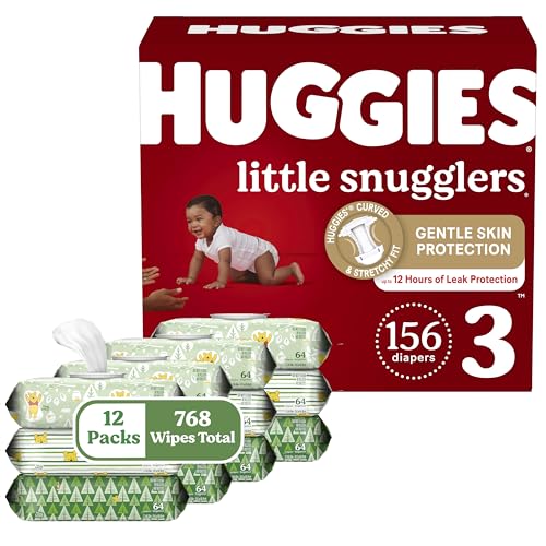 Image of Huggies Little Snugglers Diapers and Wipes Bundle: Huggies Little Snugglers Size 3 Baby Diaper, 156ct & Huggies Natural Care Sensitive Wipes, Unscented, 12 Packs (768 Wipes Total) (Packaging May Vary)
