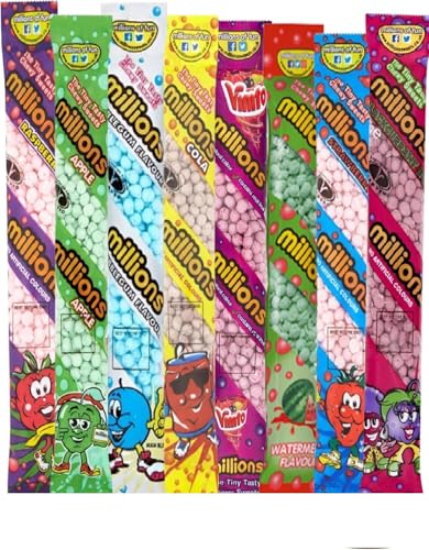 Kids Ultimate Millions Sweets Selection Hamper Juicy Flavours - Bubblegum Apple Cola Strawberry Vmto Raspberry Blackcurrant Iron-Brew 12 Pcs (Mix Pack)