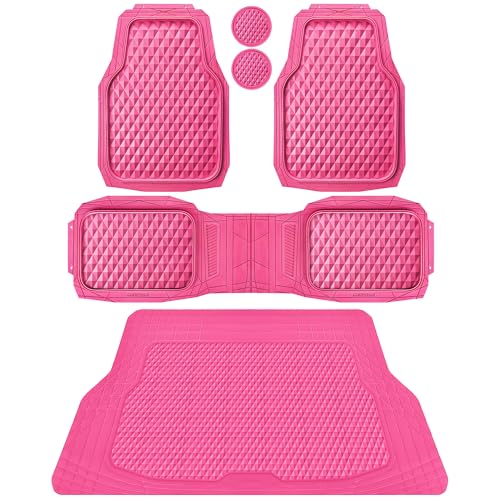 CAR PASS Heavy Duty Rubber Hot Pink Car Floor Mats & Cargo Liners Deep Dish All-Weather Trunk Mats Durable Anti-Slip 3D Rhombus Waterproof Trim to Fit Liner Universal Fit Auto Sedan SUV Truck Pink