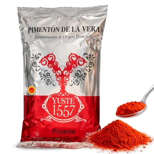 Pimentón de la Vera Ahumado Picante, Denominación Origen Protegida, Pimentón Yuste 1557, Producido en Extremadura, Ideal para guisos, carnes, salsas y platos tradicionales, 1 bolsa de 250 gr