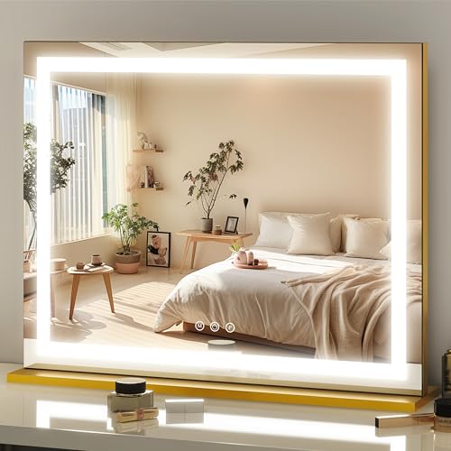 FENNIO 23" x 18" Vanity Mirror with Lights,LED Makeup Mirror,Hollywood Mirror with 3 Color Modes & Adjustable Brightness,Vanity Mirror Square Gold