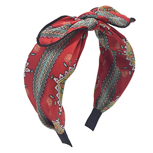 MHDGG Headband with Bow for Women Bandana Headband Vintage Flower Pattern Hairband Knotted Bow Headbands Elastic Rabbit Ear Hair Hoops Bows,Red