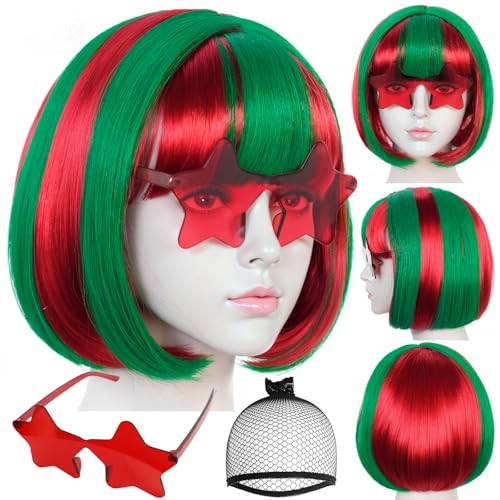 Image of ANOGOL Hair Cap + (Sunglasses) Green Red Bob Wig with Bangs Womens Green Red Party Wigs with Sunglasses Short Neon Wig Fun Wigs Halloween Costume Christmas Hair Sports Event St Patrick Day
