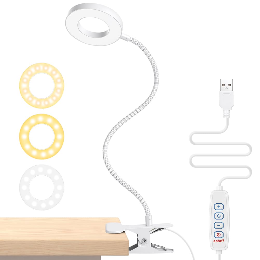 URAQT USB LED Desk Lamp Clip On Light, Reading Light Clip on Bed Dimmable, 3 Colors 11 Dimmable Brightness 48 LED, USB Clamp Bedside Lights, Eye Caring Book Lights for Studying Working Gaming (White)