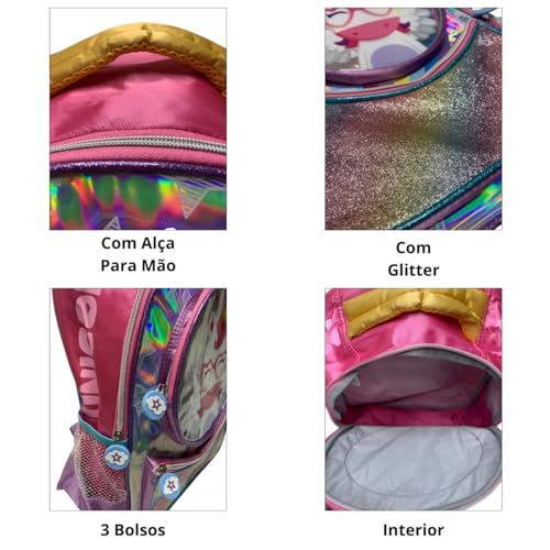 Mochila Unicórnio de Costas Alças Alcochoadas Bolsos Laterais Escolar Passeio Bolsa Infantil Feminin