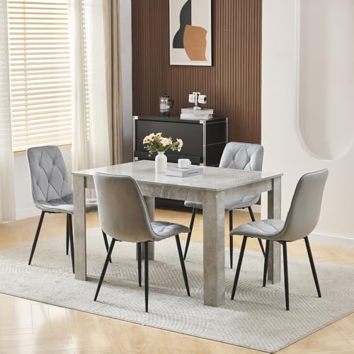Menaka Modern 120cm Grey Dining Table and Chairs Set of 4 for Small Space, 5 Pieces Wood Gloosing Rectangular Kitchen Table with 4 Argyle Grey Velvet Chairs