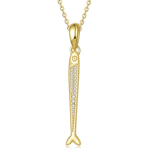 SCZKLAQ Fish Necklace for Women 14k Gold Straight Sardine Pendant Zircon Animal Themed Fine Jewelry Gift for Her