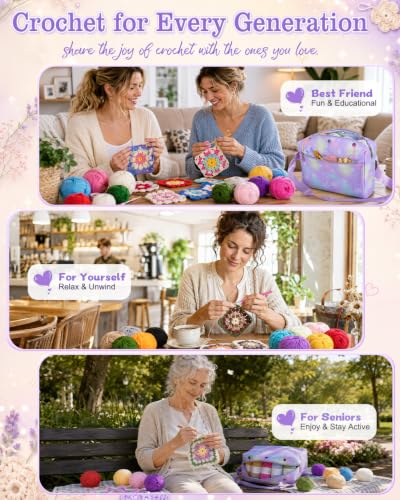 Image of Aeelike Crochet Kit for Beginners Adult, Complete Knitting Yarn Kit, Purple | 87 PCS Crochet Kits for Beginners All-inclusive Crochet Set with Yarns Hooks Step-By-Step Instruction Storage Bag, Ideal Gift