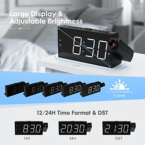 Projection Alarm Clock For Kids Bedroom + Digital Wooden Alarm Clock With Dual Alarm,Weekday/Weekend Mode,Adjustable Volume,Humidity & Temperature Detect,2-100% Dimmer,12/24H,Snooze,2 Usb Chargers,Ba #TOP3