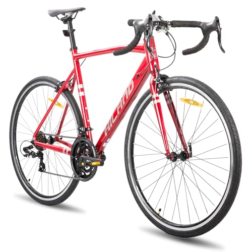 HILAND Bicicleta híbrida para Desplazamiento Diario de 28 Pulgadas, Bicicleta de Carretera con Marco en Aluminio 700C, Unisex,14 velocidades, Frenos de Pinza Delanteros y Traseros, 57cm,Rojo