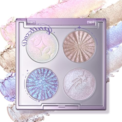 Noerrors Duochrome Shimmer Eyeshadow Quad Palette-Purple Blue Mermaid Pink Champagne Holographic Gloss Finish Metallic Glitter Eyeshadow Ethereal Half Magic Sparkly Cream Eye Highlighter Fairy Makeup