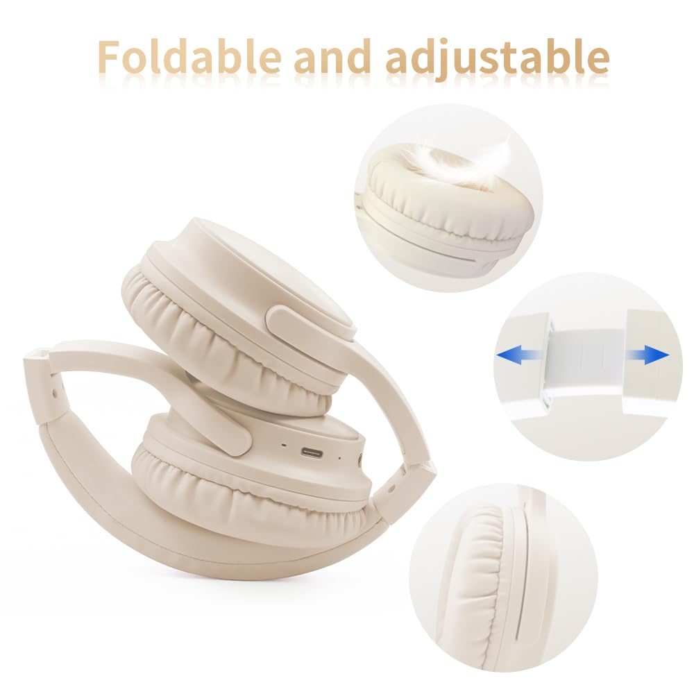 SLuB Cuffie Wireless Over Ear, Cuffie Bluetooth Pieghevoli, Suono Stereo HD, Microfono HD Incorporato, 30H di Riproduzione, Adatto per Telefono, PC, TV, Giochi, Esterno, Ufficio (Cachi)