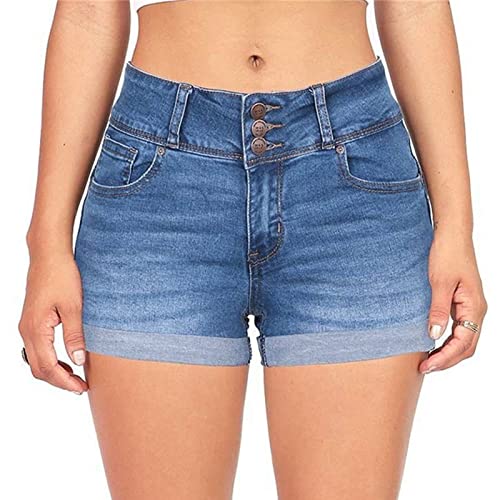 JEKE-DG Women's Solid Color Rolled Hem Denim Shorts Casual Folded Hem Jean Shorts High Waisted Stretchy Jeans Shorts (XX-Large,Blue)