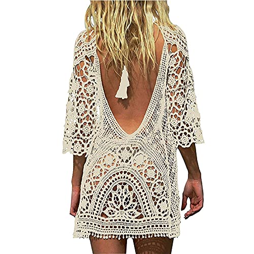 TBSCWYF Damen Boho Rückenfrei Spitze Bikini Cover Up Strandkleid Sommerkleid Damen Gestrickte Strandkleid Sommer Strandponcho Strandurlaub Badeanzug...