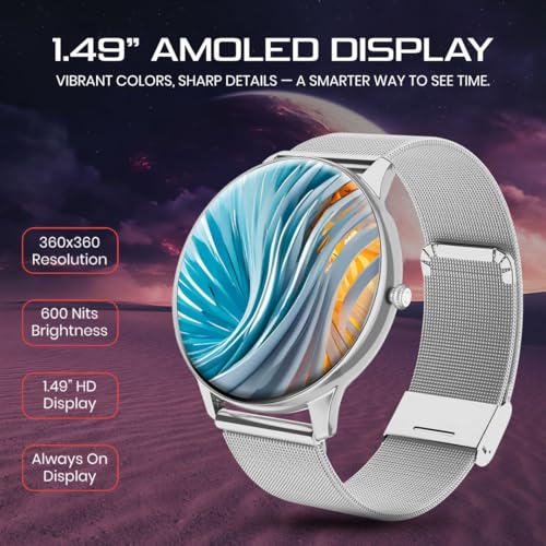 Image of PunnkFunnk Glavito Round Dial Smartwatch 1.49 inch AMOLED Display, 100+ Sports Modes, Health Tracking, Bluetooth Calling, Functional Crown Control, 100+ Watch Faces for Men & Women (Millanese Silver)
