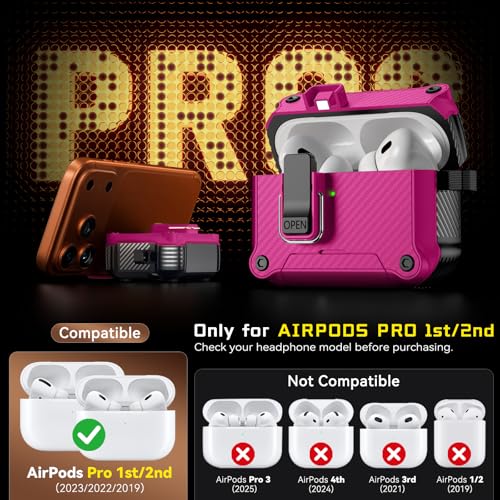 Image of Inesore for AirPods AirPods Pro 1st /2nd Case with Secure Lock (Rose red) | Phone Stand Design,Compatible with MagSafe,Automatic Snap Switch Secure Cover Carbon Fiber Texture with Cleaner Kit
