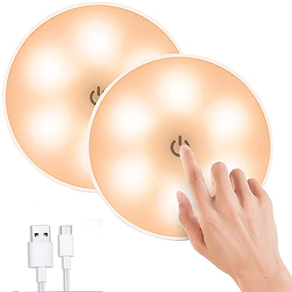 VABOO Luz Nocturna LED, 2PCS Luz de Noche USB Recargable Luces Armario LED con 3 modos, Regulable Lámpara Táctil LED Lámpara Inalámbrica para Gabinete,Cocina, Vitrina, Pasillo, Escalera