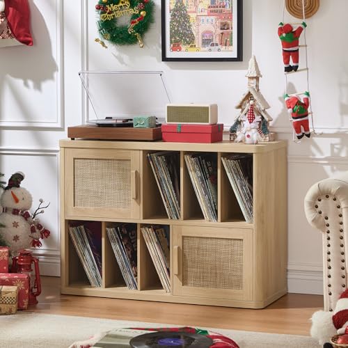 Image of LEYAOYAO Large Record Player Stand with Vinyl Storage Up to 450 Albums, Wood Rattan Boho Record Storage Accent Cabinet, Modern Stereo Media Cabinets, Wide Turntable Stand for Living Room, Natural Oak