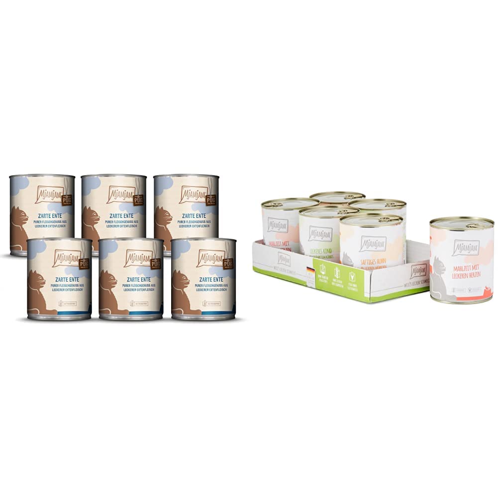 MjAMjAM - Pienso acuoso para Gatos - Suave Pato Puro - Sin Cereales - 6 x 800 g & Pienso acuoso para Gatos - Mix Pack I 2* Pollo, 2* Ternera, 2* Corazones - Sin Cereales 6 x 800 g