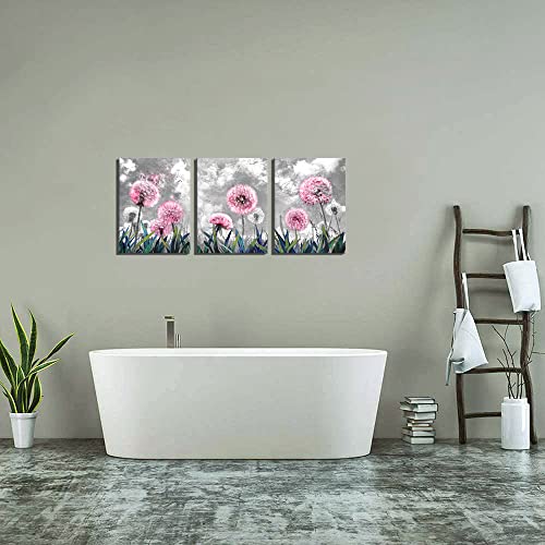 Canvaszon Bathroom Wall Art Pink Dandelion Wall Art - Black And White Flower Rustic Simple Life Style Minimalist Canvas Print For Bathroom Bedroom Kitchen Home Wall Decor #TOP4