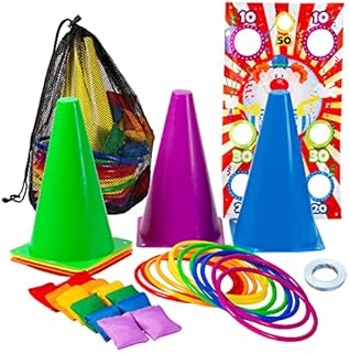 New-Bounce Ring Toss Games for Kids - 4 in 1 Outdoor Carnival Games - Toss Ring Set Includes Rings, Bean Bags, Cones, and Target Poster