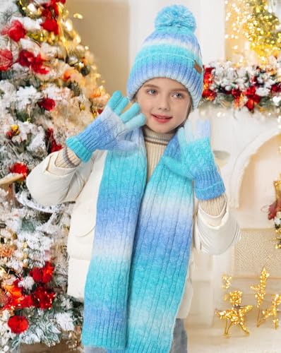 Kids Winter Hat Scarf Gloves Set, Girl Boy Toddler 8% Wool Warm Fleece Beanie Knit Neck Scarf Mittens Children Valentine Gift4