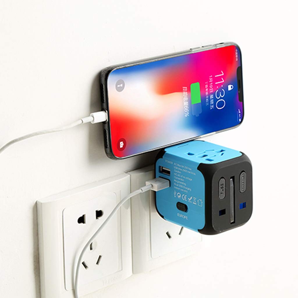 International Plug Converter, Mini Wielofunkcyjny gniazdo konwersji, 2 Usb. Porty Multi-Nation Akcesoria Podróżowe Podróżuj Niezbędne (Color : Blue)