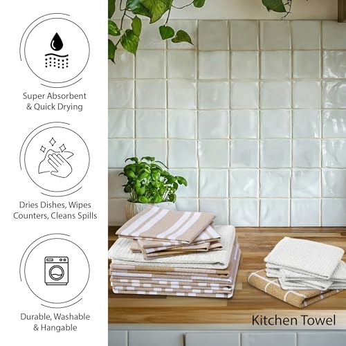 Image of Encasa XO Kitchen Towels and Dishcloths Sets | 21 Pcs Apartment Essentials Set | Oven Mitts and Pot Holders with Hanging Loop | Cooking Apron, Dish Cloth, Flour Sack and Coasters Beige Combo