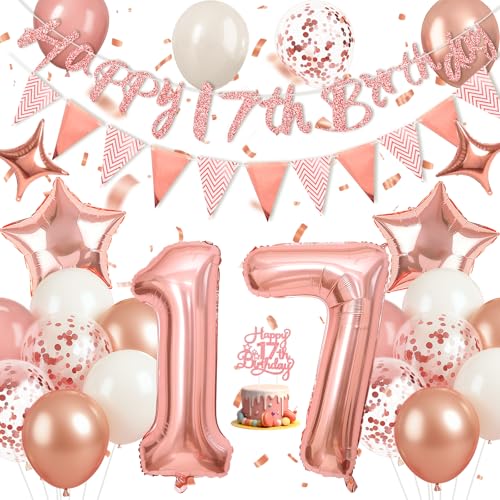 Happivue 17th Birthday Decorations Sweet Balloons Party Decoration for 17th Girls Pink Balloon With Happy 17 Birthday Banner Cake Toppers and Triangle Flags 17 Rose Gold Party Decoration for Her