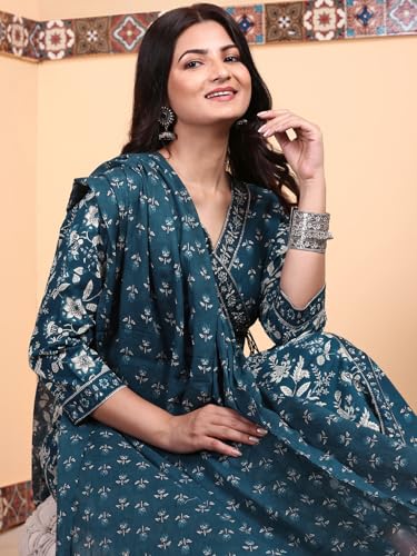 Image of ishin Indigo Floral printed angrakha tie-up kurta with pants and printed dupatta | Kurta set for women | Kurta with trousers and dupatta