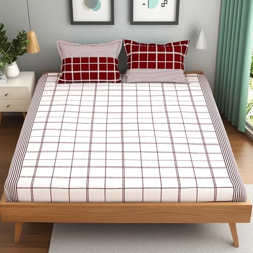 Image of bedsheet for Double Bed, 152TC, 100% Cotton | Double Size Bedsheet with 2 Pillow Covers, Maroon & White, Stripes (Bedsheet : 225 X 250cm & Pillow : 46 X 69cm) Perfect for Festive Gifting