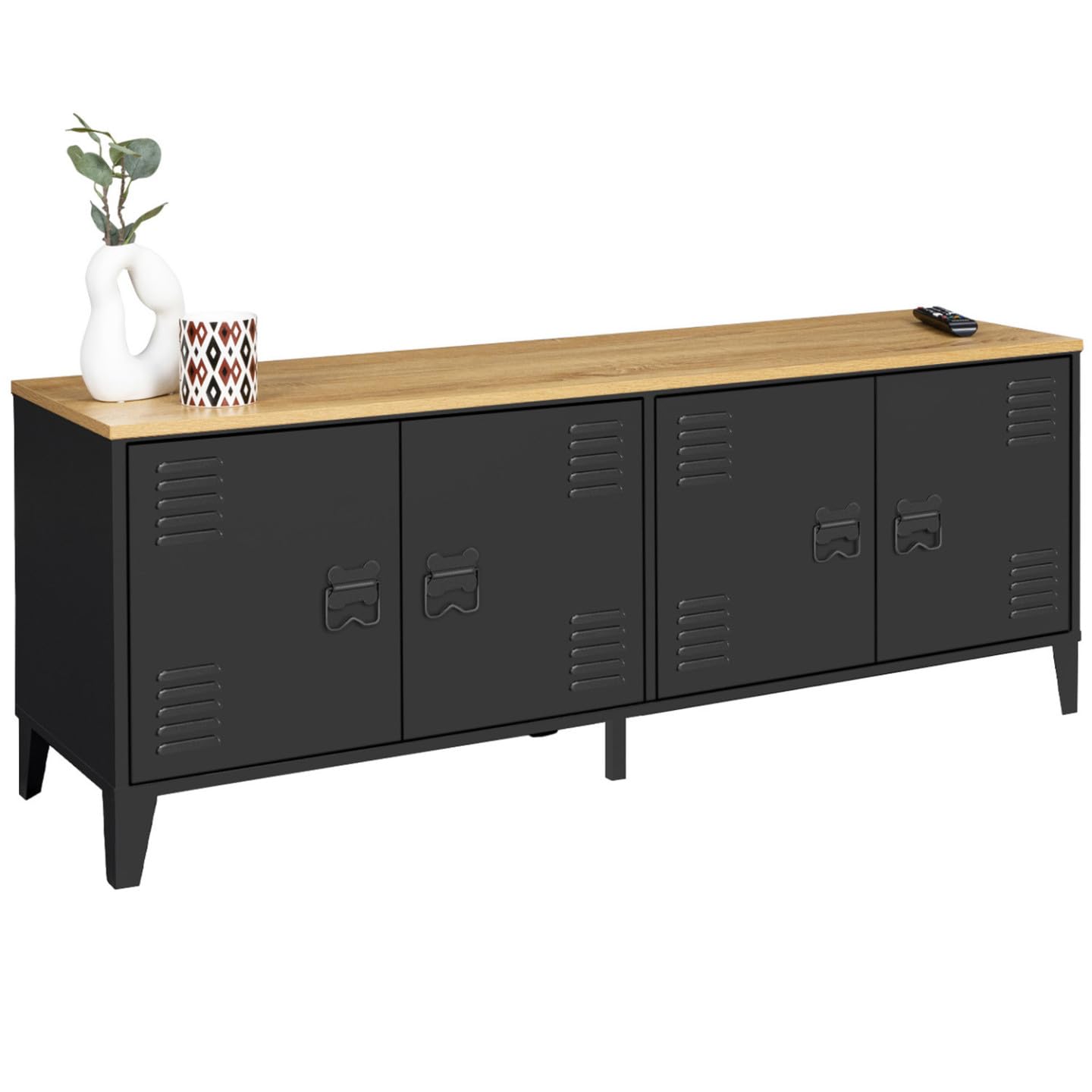 IDMarket - Aparador bajo ESTER 140 cm con 4 puertas de metal negro y tablero de madera de diseño industrial