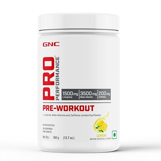 GNC Pro Performance Pre-Workout | 360 gm | 30 Servings | Boosts Pump & Energy | Speeds Up Recovery | 1500 mg L-Arginine | 3500 mg Beta-Alanine | 200 mg Caffeine | Lemon