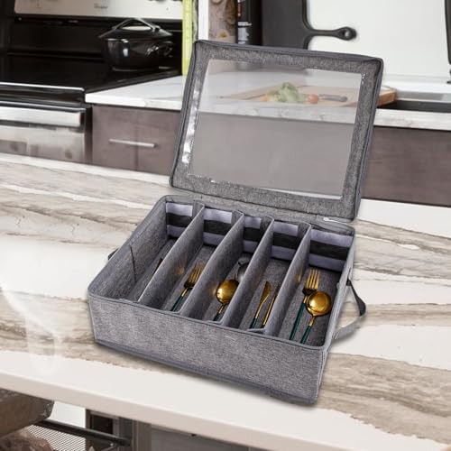 Cutlery Tray with Lid and Adjustable Compartments, 41cm Grey Kitchen Organizer for Silverware, Glasses and Camping Tableware, Oxford Fabric Dustproof Storage Box - Image 7