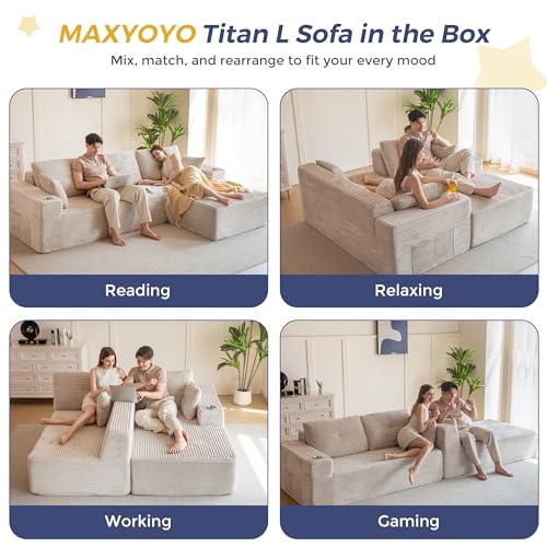 Image of MAXYOYO 104 inch Modular Sectional Couch with L-Shape Chaise, Modern Boneless Couch for Living Room, Sofa in A Box, Oversized Sofa with Deep Seat, No Assembly Required, Grayish Beige