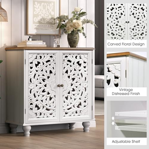 Image of JOINICE 31 inch Accent Storage Cabinet with Carved Doors,Mandala White | Carved Floral Design, Solid Wood Legs, Boho /Farmhouse, Versatile Storage for Living Room & Bedroom & Hallway, Easy Assembly