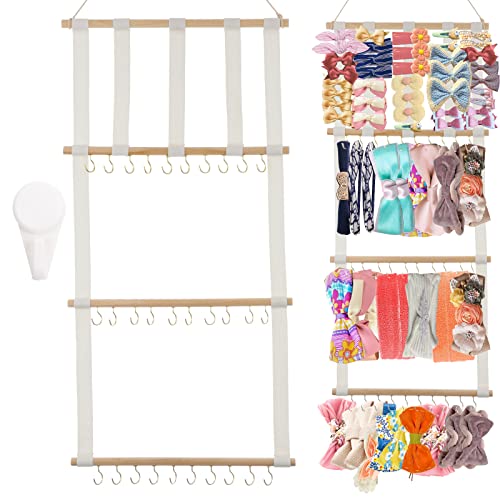 Image of MOLFWOTK baby girl bow headband holder Hair accessory bow holder organizer with 30 metal hooks and 1 non-marking hook Baby girl hair accessory holder for closet, door, wall
