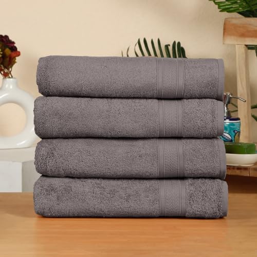 Image of Arvind 100% Cotton Towels for Bath | Towels for Bath Large Size | 500 GSM Bath Towel - Soft & Absorbent | 4 Piece Bath Towel for Men /Women | Urban Comfort | 70 cm x 140 cm - Dark Grey
