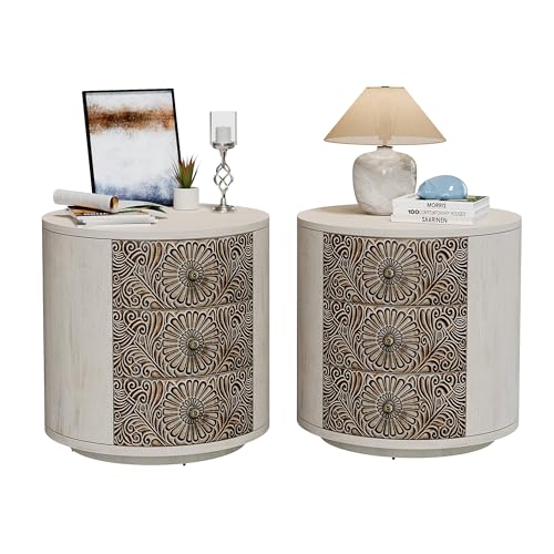 Image of SUNBURY Round Night Stand Set of 2, Farmhouse Bedside Table, Farmhouse End Table, Vintage Wood Nightstand with Drawers, Round Accent Table for Living Room, Bedroom, No Assembly Required