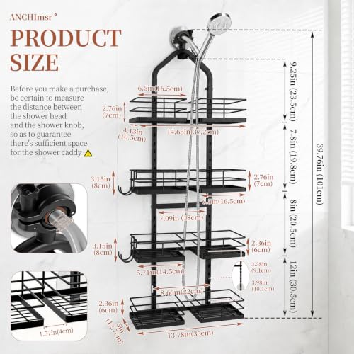 4-Tier-Adjustable-Hanging-Shower-Caddy-for-Handheld-Showerhead-Black-Rustproof-Shower-Rack-Baskets-Anti-Swing-Hanging-Shower-Organizer-for-Bathroom-Storage-with-2-S-Hooks-Large-Capacity