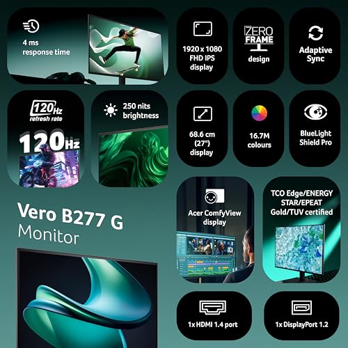 Image of Acer Vero B277 G 27 Inch IPS FHD Monitor | 120Hz AdaptiveSync | ErgoStand Tilt /Swivel /Pivot /Height Adjust | TUV Low Blue Light | VisionCare 2.0 | HDMI + DP Ports | TCO /EPEAT Gold | 85% PCR Eco Design
