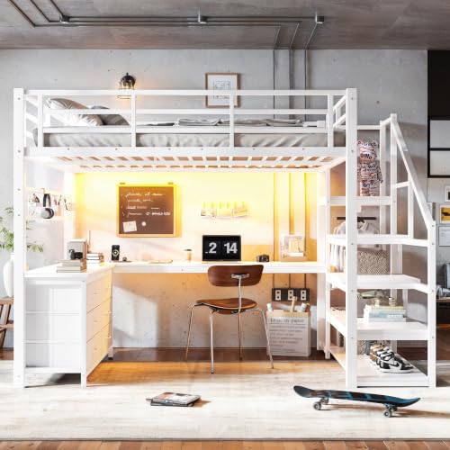 Image of Bellemave Full loft Bed with Storage Stairs, Wardrobe, Shelves, Metal Full Loft Bed Frame for Adults, Kids, Teens, White