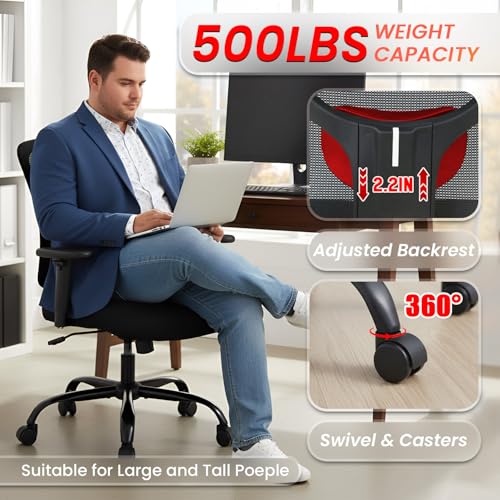Image of BestOffice Big and Tall 500 lb Mesh Office Chair Ergonomic High Back Desk Chair with Lumbar Support and Extra-Wide Seat for Home Office, Black