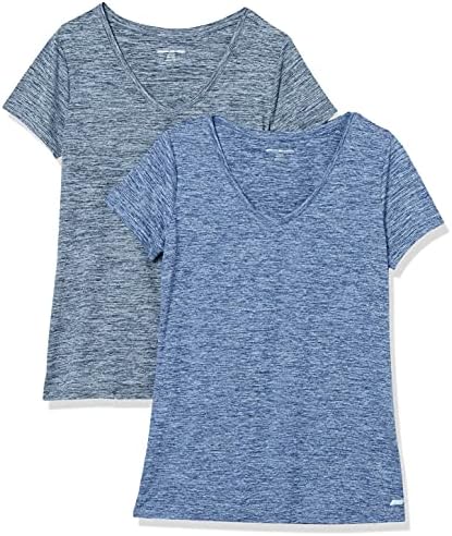Amazon Essentials Women's Tech Stretch Short-Sleeve V-Neck T-Shirt (Available in Plus Size), Pack of 2, Black Heather/Navy Heather, Large