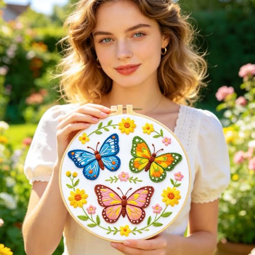 Image of BEUNITONE 6 Set Embroidery Kit for Beginner Adults, Colorful Butterfly Floral DIY Cross Stitch Set with Stamped Pattern Hoops Threads Cloth Needles, Embroidery Starter Kit for Home Decor and Gifting