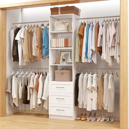 Closet System with Drawers, 5FT-8FT Custom Closet Organizer System 99″ Walk in Wood Closet Storage System with 4 Expandable Hanging Rods Wall Mount White