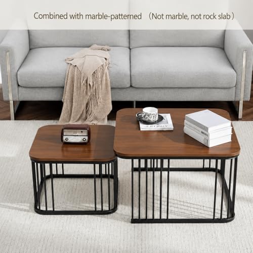 Image of Square Nesting Table Set of 2 for Living Room, Room Decoration Item for Bedroom, Coffee & Side Table with Marble MDF White Top and Iron Base (Black & Brown) (L -51x48CM) (S-41X41CM)