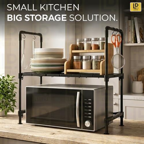 Image of LEOPAX Adjustable Premium Multi-Tier Oven Stand for Kitchen with Storage Cabinet | Heavy Duty Microwave Rack Organizer for Oven, Microwave & Small Appliances - Black