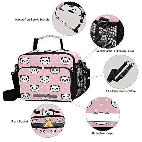 Zoeo Girls Panda Lunch Box Pink Polka Dot School Kids Lunch Bag For Teens Snacks Insulated Cooler Tote Ice Pack Freezable, Fits Bento Boxes, External Bottle Holder #TOP4